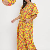 Yellow Multi Floral Printed Maternity Feeding-Friendly Kaftan Dress with Concealed Zipper