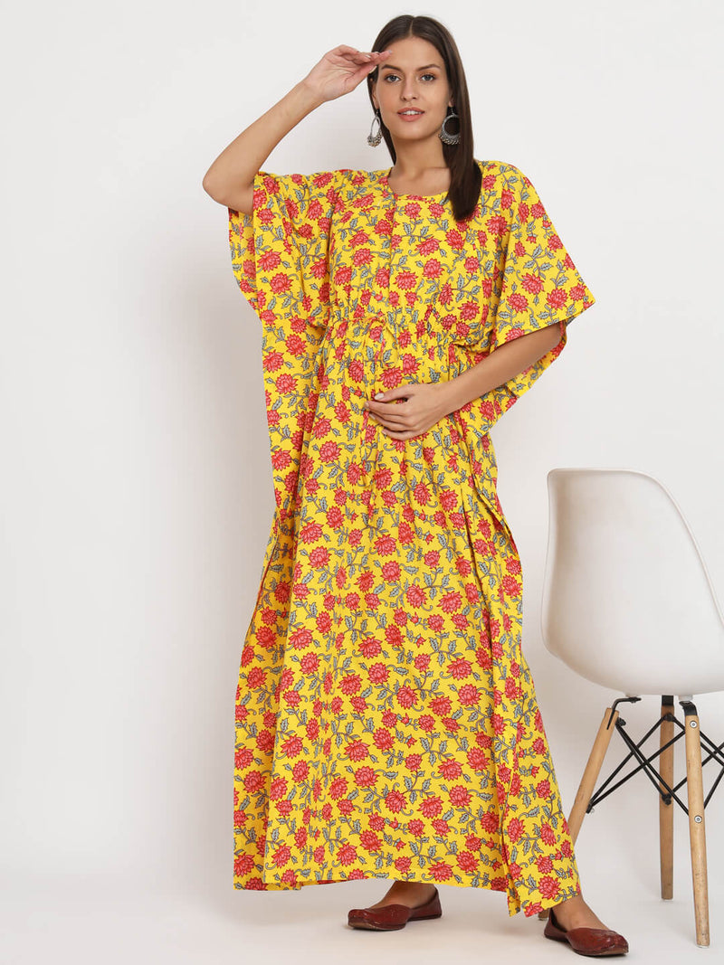 Yellow Multi Floral Printed Maternity Feeding-Friendly Kaftan Dress with Concealed Zipper