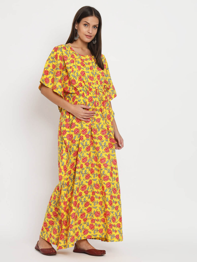 Yellow Multi Floral Printed Maternity Feeding-Friendly Kaftan Dress with Concealed Zipper