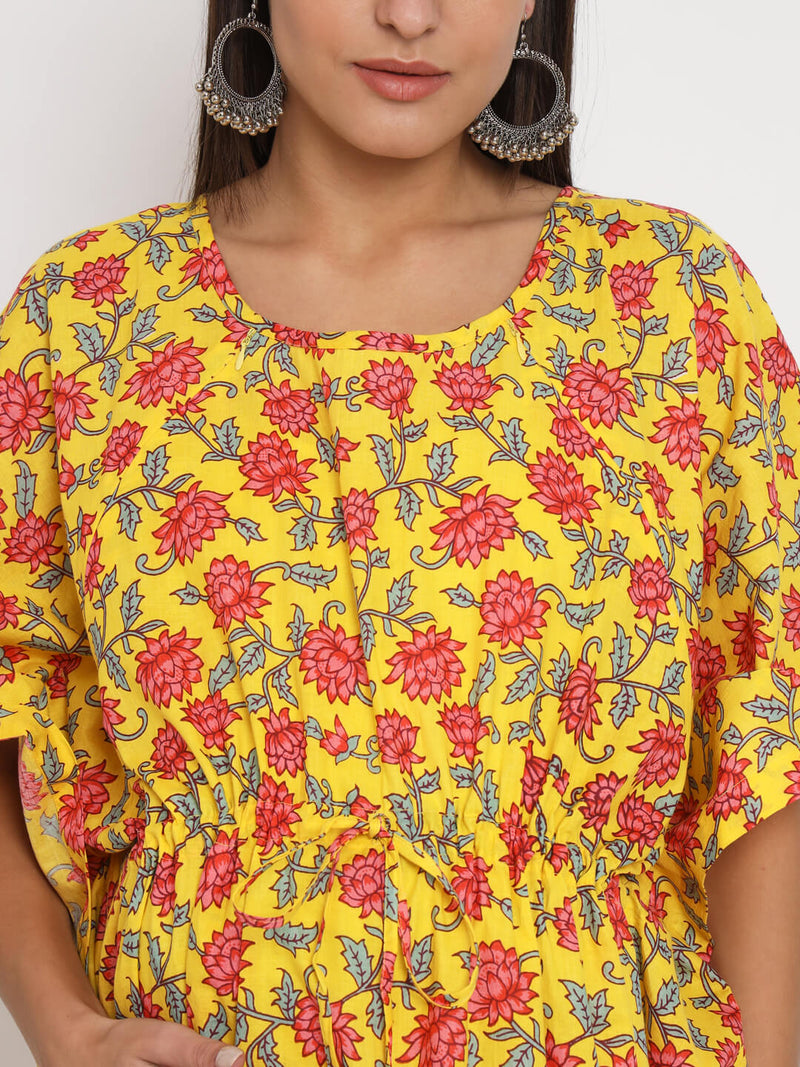 Yellow Multi Floral Printed Maternity Feeding-Friendly Kaftan Dress with Concealed Zipper