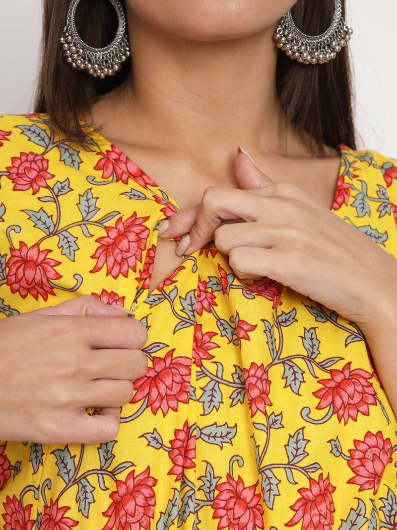 Yellow Multi Floral Printed Maternity Feeding-Friendly Kaftan Dress with Concealed Zipper