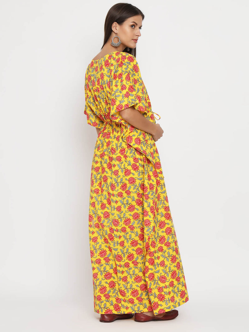 Yellow Multi Floral Printed Maternity Feeding-Friendly Kaftan Dress with Concealed Zipper