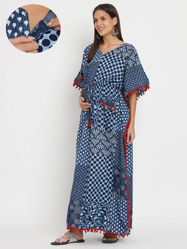 Indigo Ethnic Print Maternity & Feeding Kaftan Dress with Flap Pocket