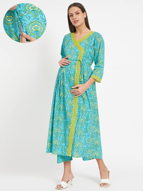 Sea Green Angrakha Style Floral Print Cotton Maternity & Feeding Flare Kurta Set with Concealed Zipper