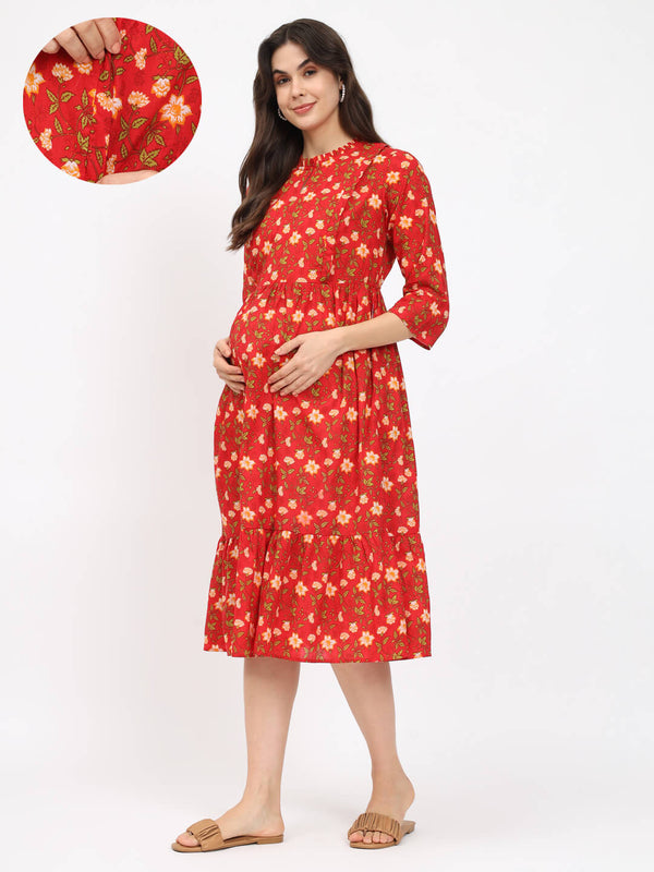 Red Floral Printed Maternity & Feeding Midi Dress with Concealed Zipper