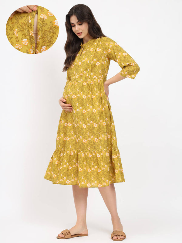 Mustard Floral Printed Maternity & Feeding Midi Dress with Concealed Zipper