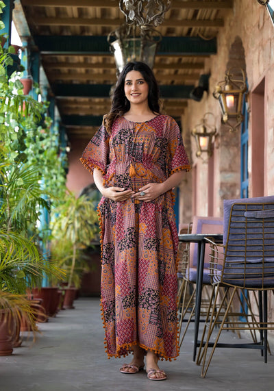 Black Rust Ethnic Print Maternity & Feeding Kaftan Dress with Concealed Zipper