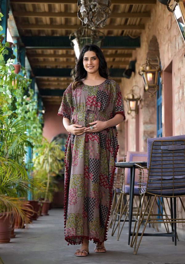 Black Maroon Ethnic Print Maternity & Feeding Kaftan Dress with Concealed Zipper