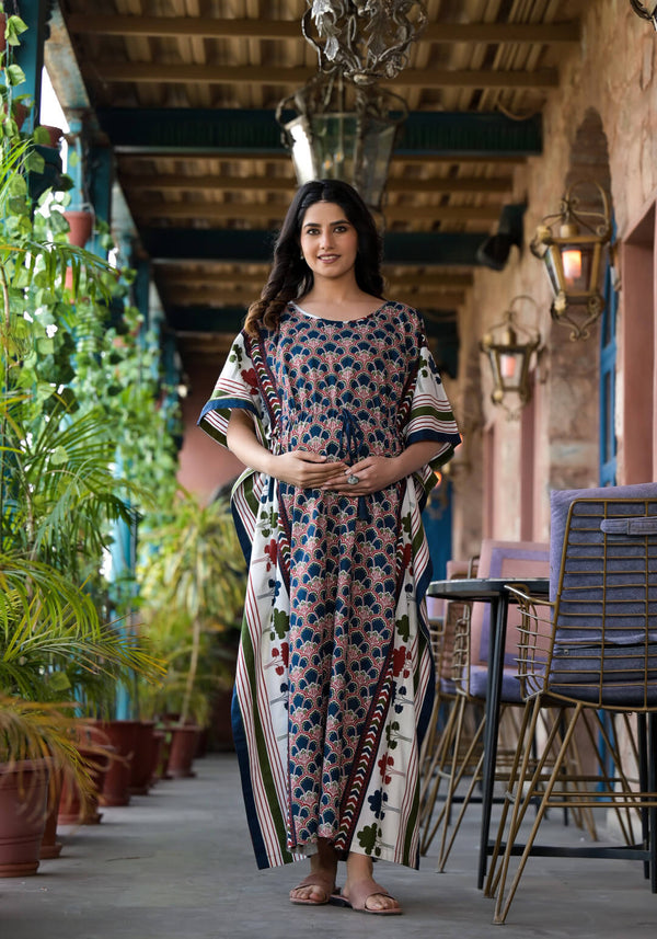 Indigo Multi Ethnic Motifs Print Maternity & Feeding Kaftan Dress with Concealed Zipper