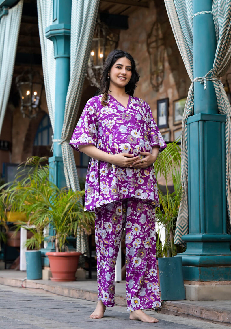 Purple Floral Printed Cotton Maternity Feeding-Friendly Night Suit