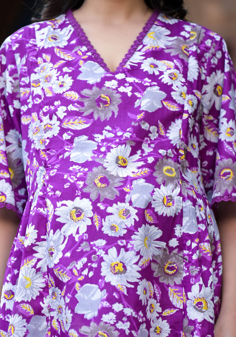 Purple Floral Printed Cotton Maternity Feeding-Friendly Night Suit