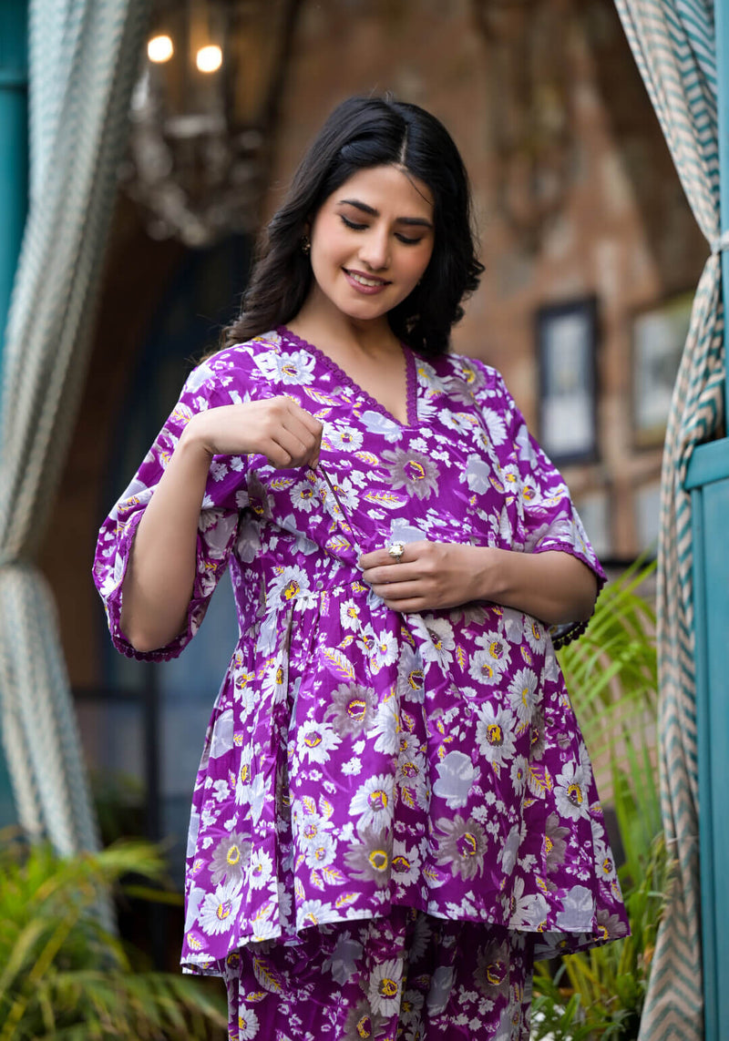 Purple Floral Printed Cotton Maternity Feeding-Friendly Night Suit