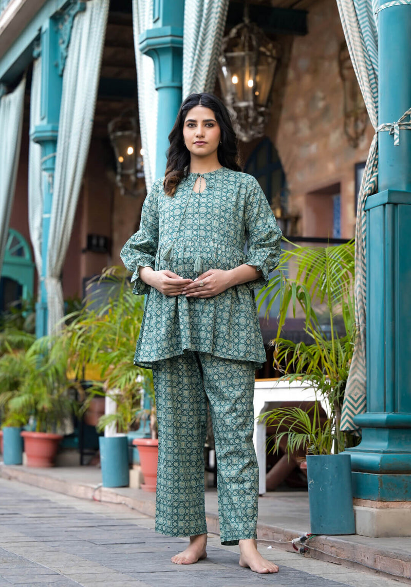 Olive Green Geometric Printed Cotton Maternity Feeding-Friendly Night Suit