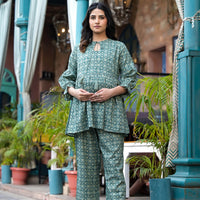 Olive Green Geometric Printed Cotton Maternity Feeding-Friendly Night Suit