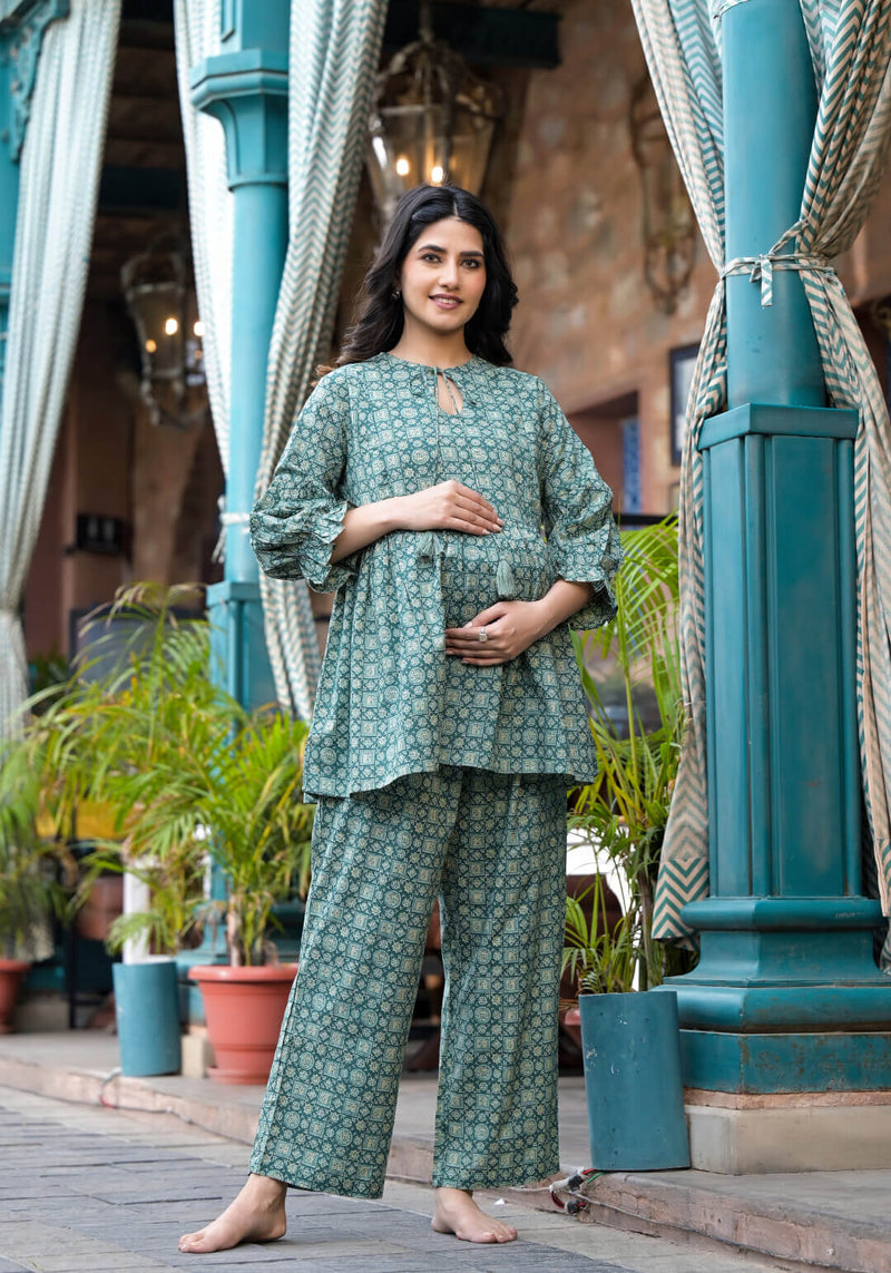 Olive Green Geometric Printed Cotton Maternity Feeding-Friendly Night Suit