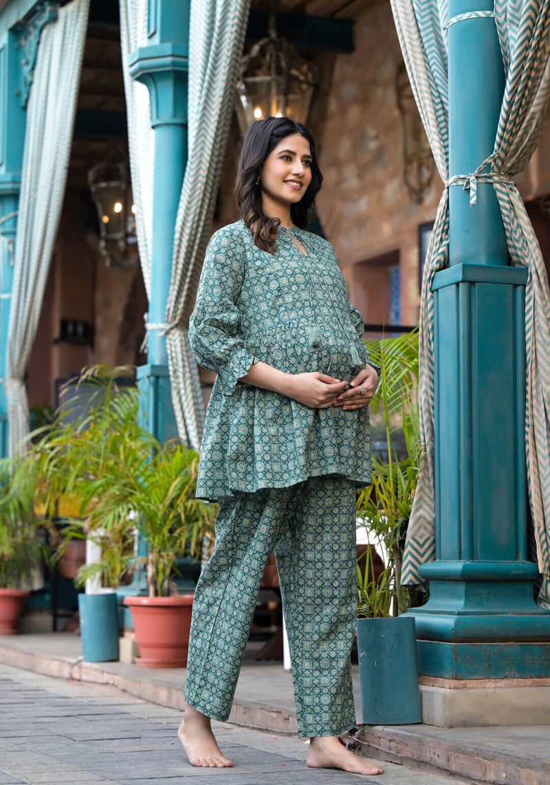 Olive Green Geometric Printed Cotton Maternity Feeding-Friendly Night Suit