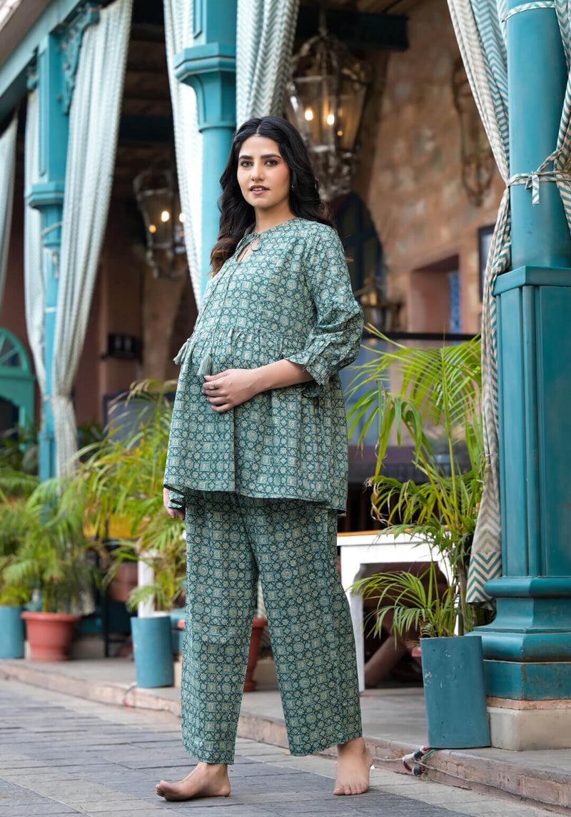 Olive Green Geometric Printed Cotton Maternity Feeding-Friendly Night Suit
