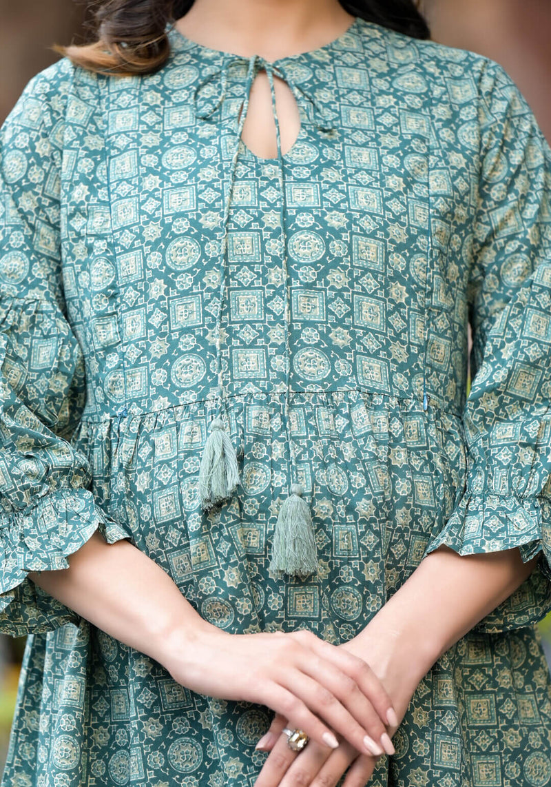 Olive Green Geometric Printed Cotton Maternity Feeding-Friendly Night Suit