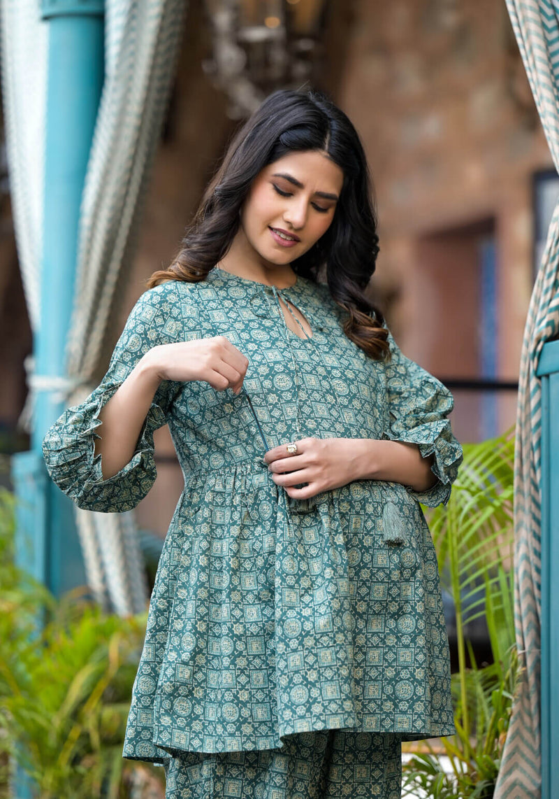 Olive Green Geometric Printed Cotton Maternity Feeding-Friendly Night Suit