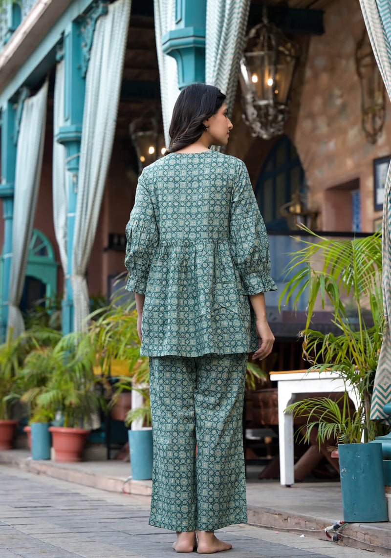 Olive Green Geometric Printed Cotton Maternity Feeding-Friendly Night Suit