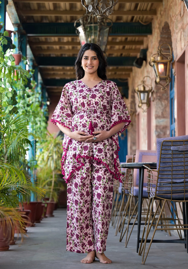 Pink Magenta Floral Printed Cotton Maternity Feeding-Friendly Kaftan Night Suit