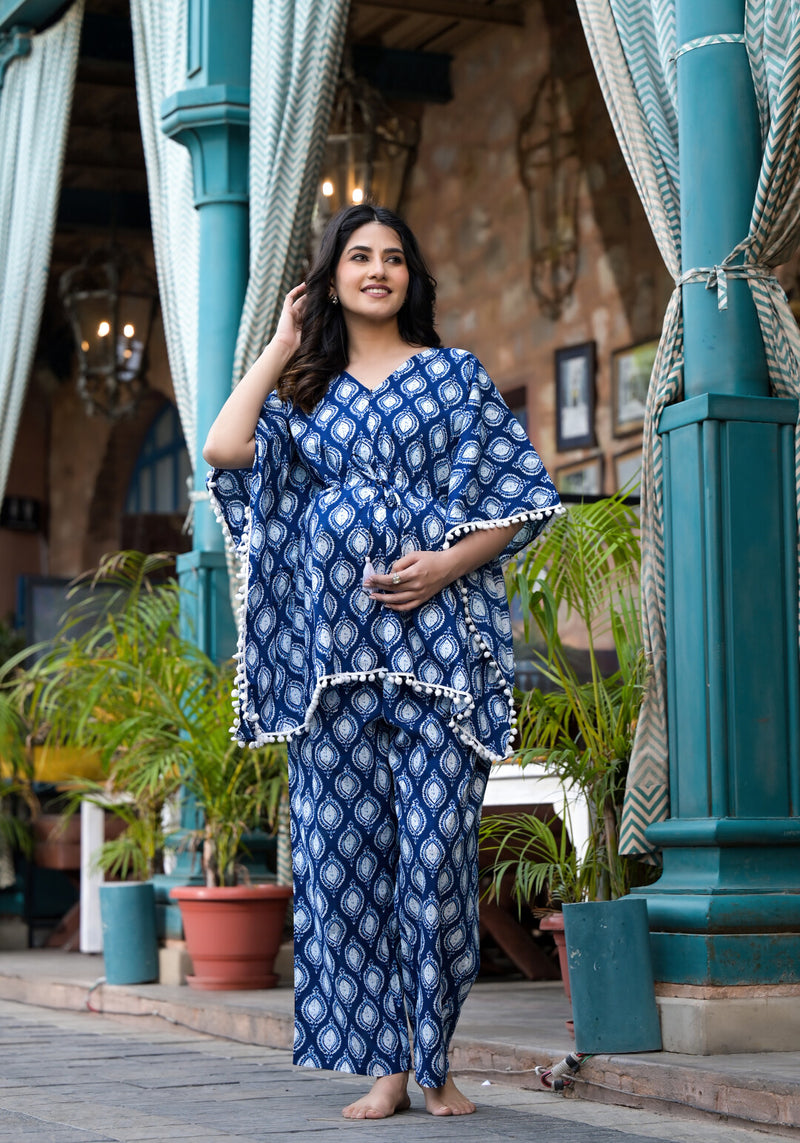 Indigo Ethnic Printed Cotton Maternity Feeding-Friendly Kaftan Night Suit