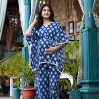 Indigo Ethnic Printed Cotton Maternity Feeding-Friendly Kaftan Night Suit