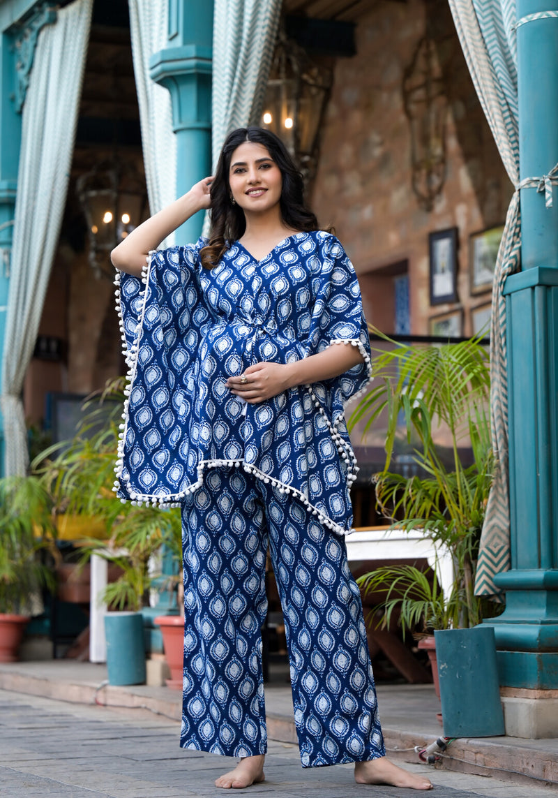 Indigo Ethnic Printed Cotton Maternity Feeding-Friendly Kaftan Night Suit