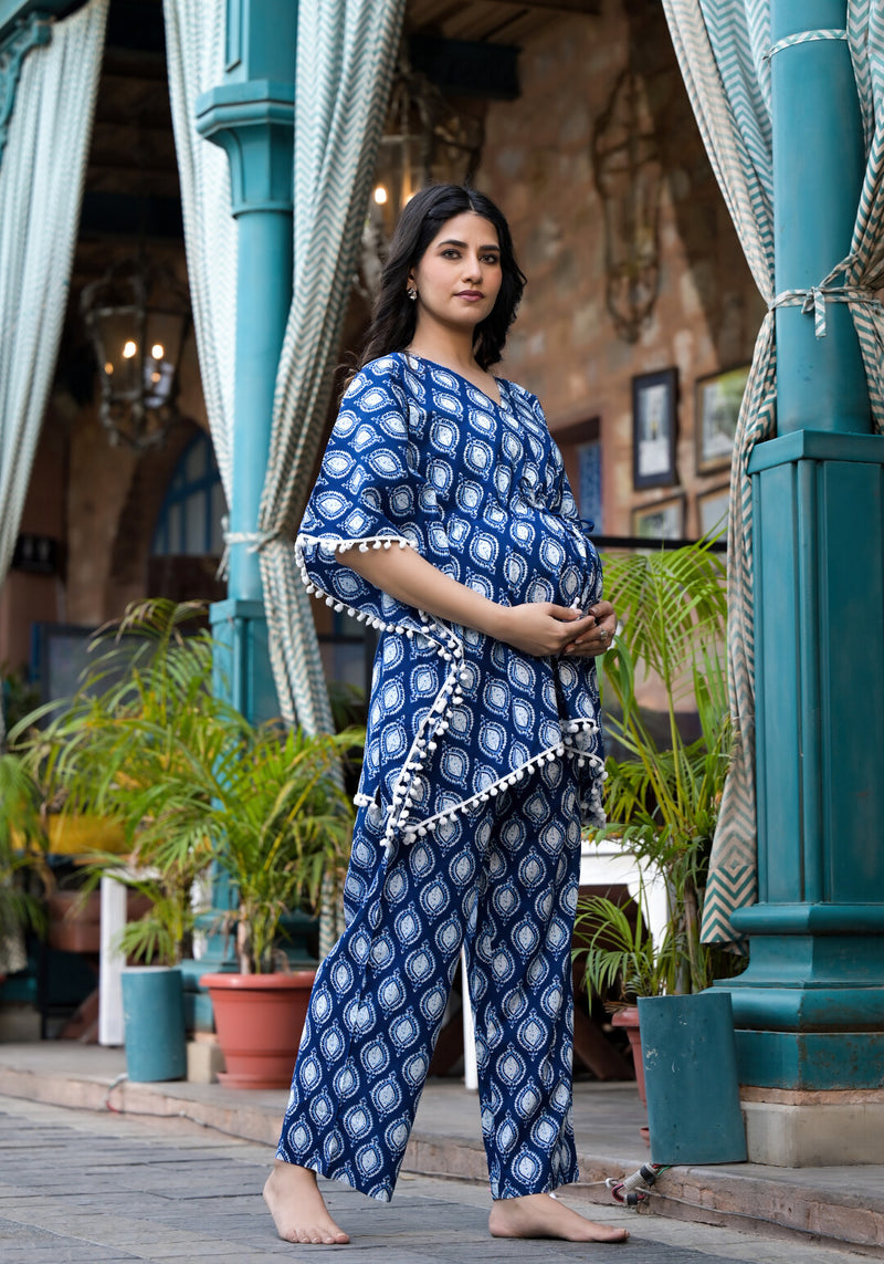 Indigo Ethnic Printed Cotton Maternity Feeding-Friendly Kaftan Night Suit