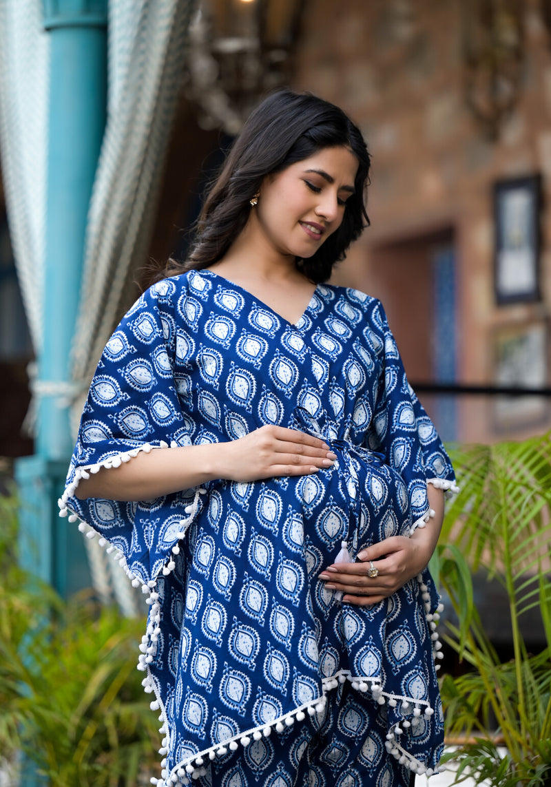 Indigo Ethnic Printed Cotton Maternity Feeding-Friendly Kaftan Night Suit