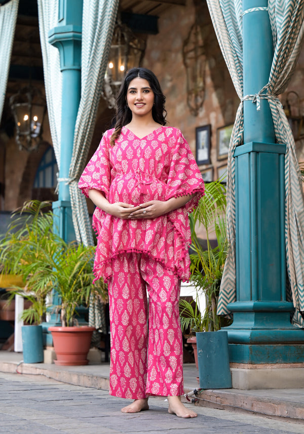 Fuchsia Ethnic Printed Cotton Maternity Feeding-Friendly Kaftan Night Suit