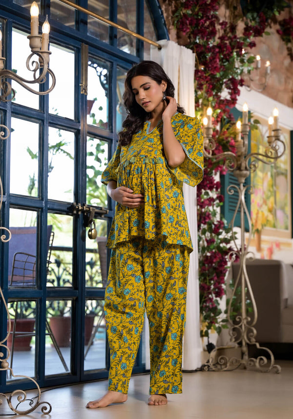Yellow Floral Printed Cotton Maternity Feeding-Friendly Night Suit