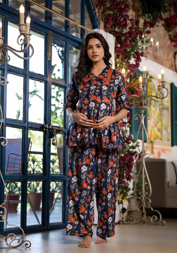 Navy Blue Red Floral Printed Cotton Maternity Feeding-Friendly Night Suit