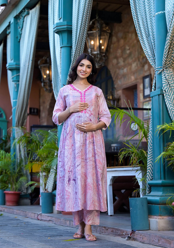 Brick Red Cotton Marble Hand Printed Maternity & Feeding Flare Kurta Set with Concealed Zipper