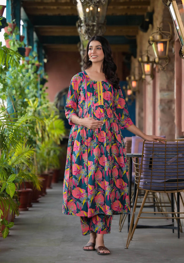 Melange Pink Floral Print Cotton Maternity & Feeding Flare Kurta Set with Concealed Zipper