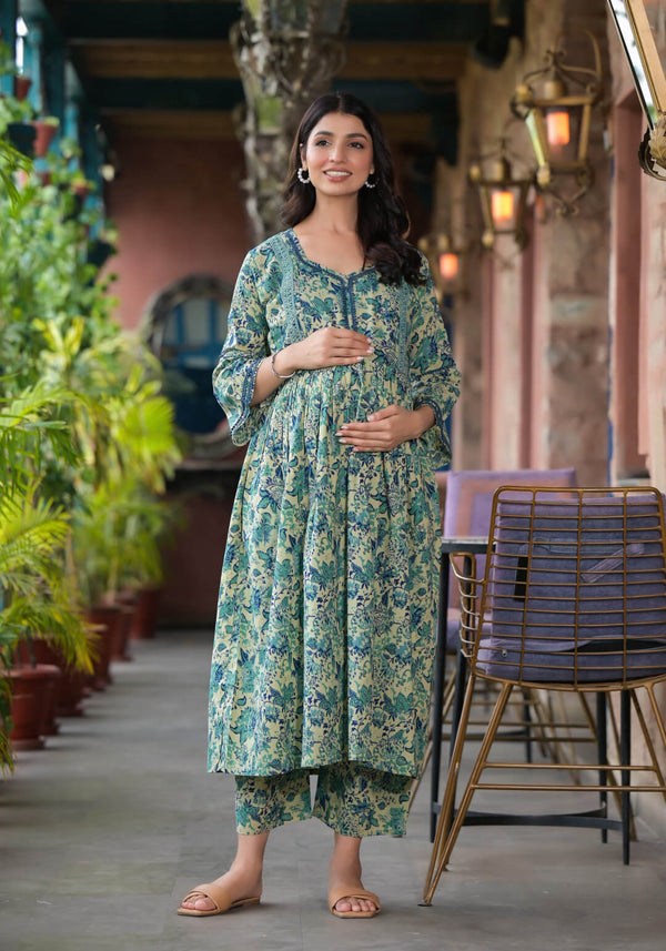 Teal Green Cotton Printed Maternity Feeding Kurta Set