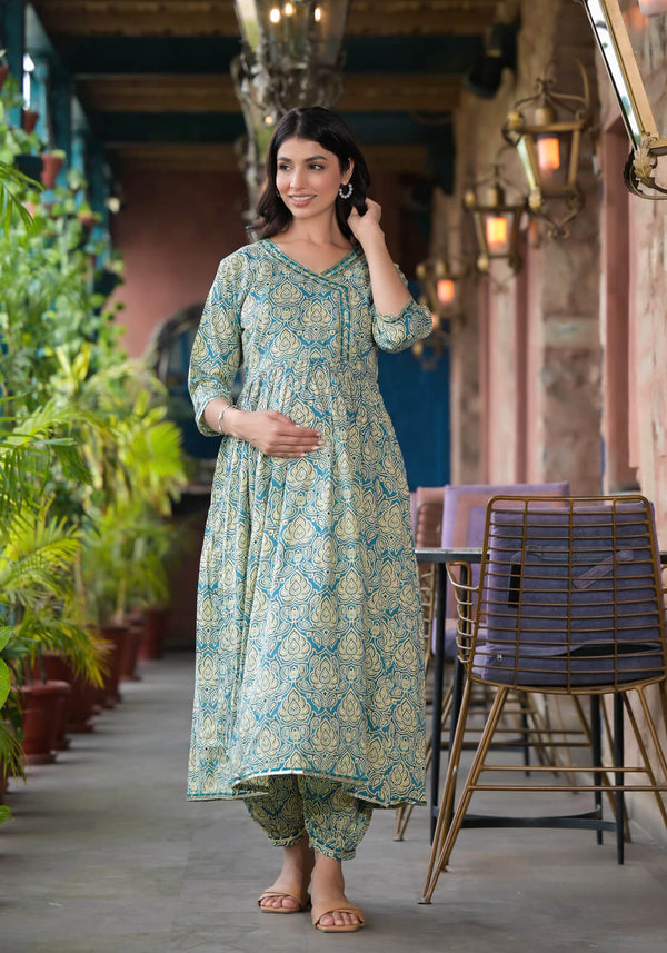 Teal Blue Ethnic Print Cotton Maternity & Feeding Flare Kurta Set with Concealed Zipper