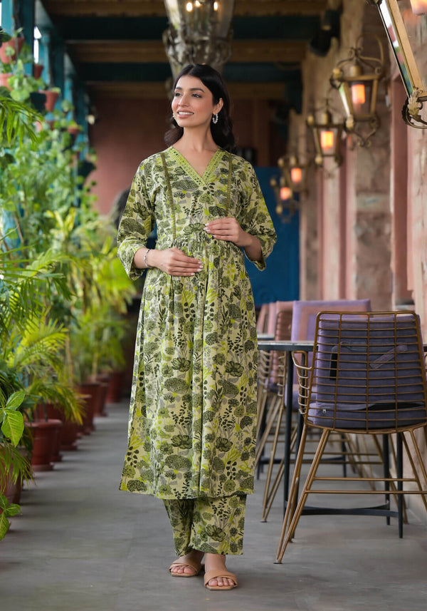 Olive Green Floral Print Cotton Maternity & Feeding Flare Kurta Set with Concealed Zipper