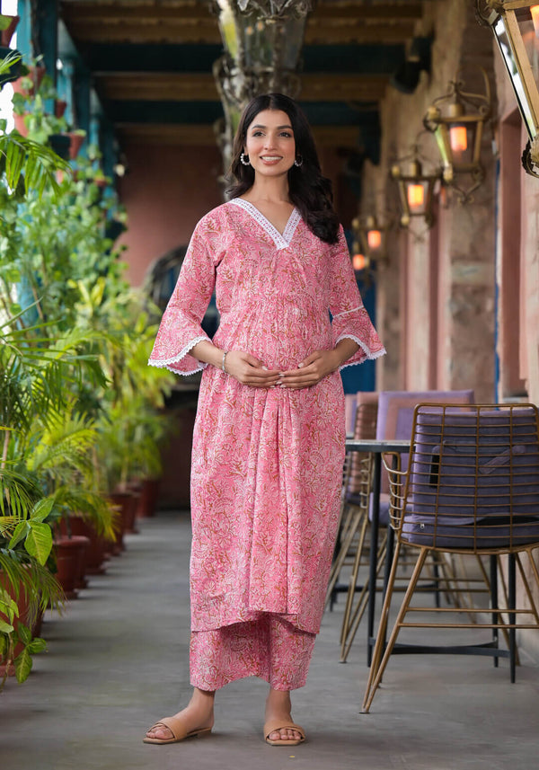 Peach Floral Print Cotton Maternity & Feeding Flare Kurta Set with Concealed Zipper