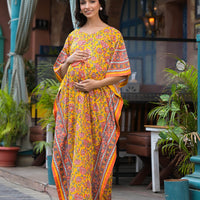 Yellow Multi Floral Print Maternity & Feeding Kaftan Dress with Concealed Zipper