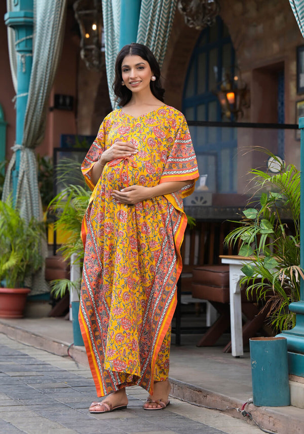 Yellow Multi Floral Print Maternity & Feeding Kaftan Dress with Concealed Zipper