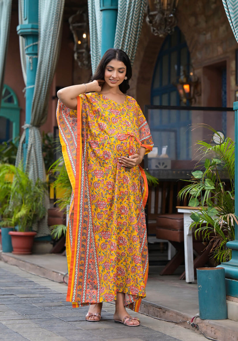 Yellow Multi Floral Print Maternity & Feeding Kaftan Dress with Concealed Zipper