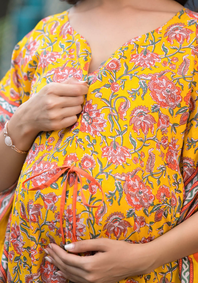 Yellow Multi Floral Print Maternity & Feeding Kaftan Dress with Concealed Zipper