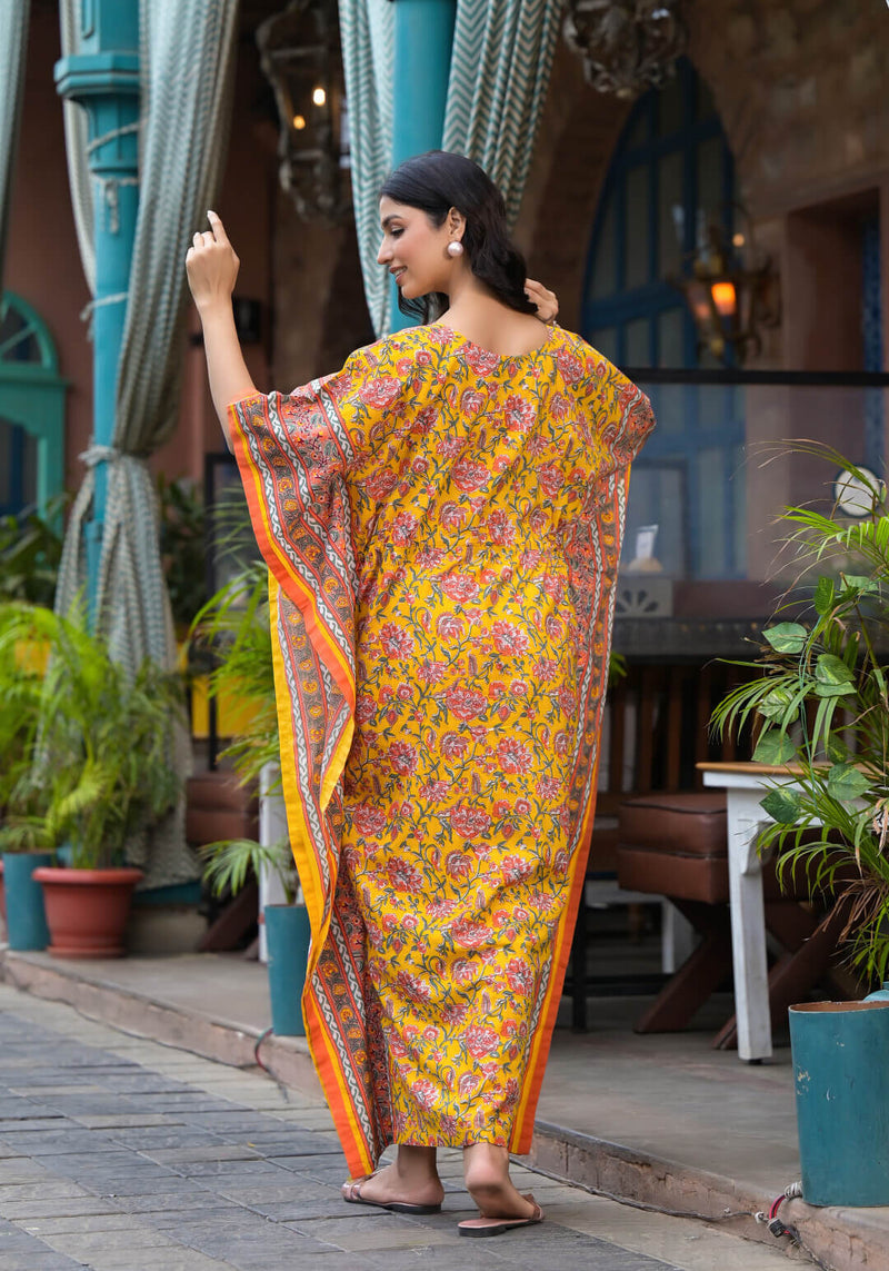Yellow Multi Floral Print Maternity & Feeding Kaftan Dress with Concealed Zipper
