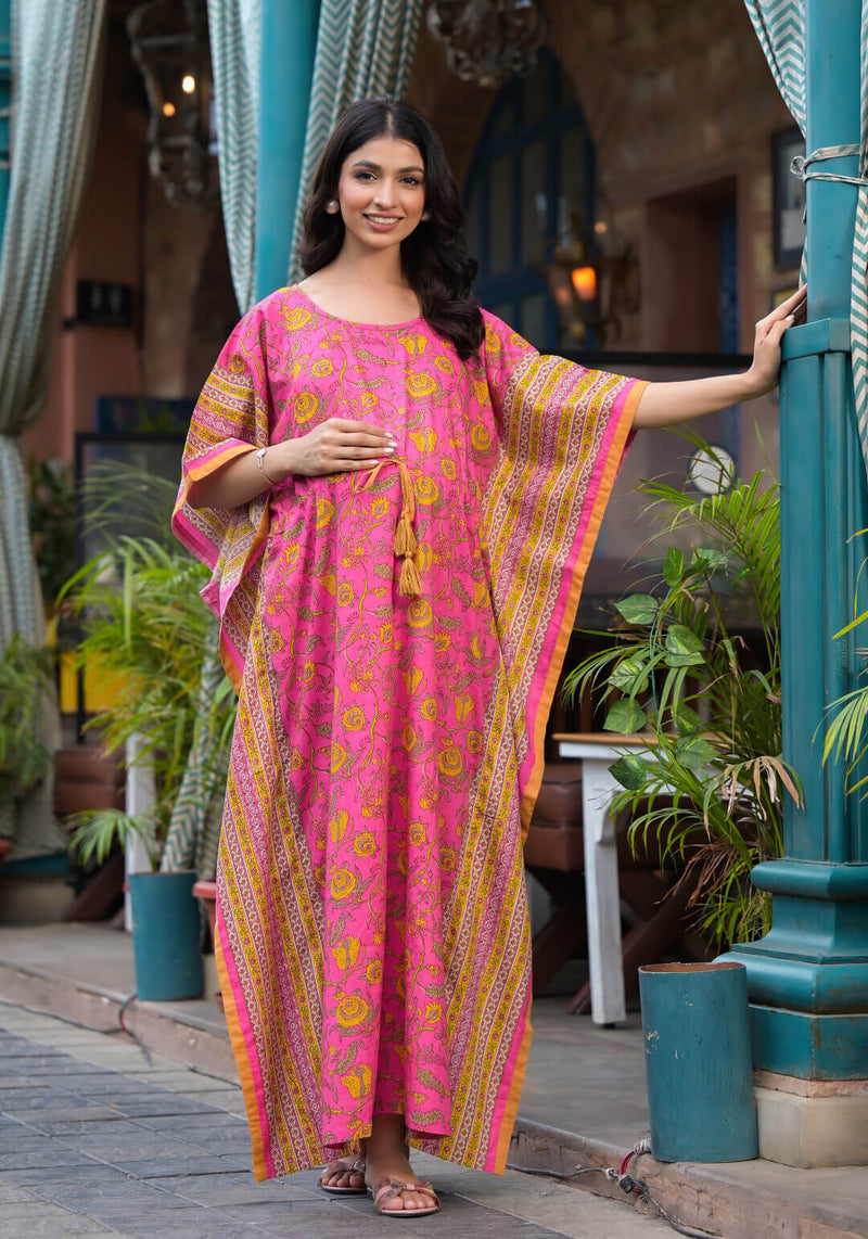 Pink Multi Floral Print Maternity & Feeding Kaftan Dress with Concealed Zipper