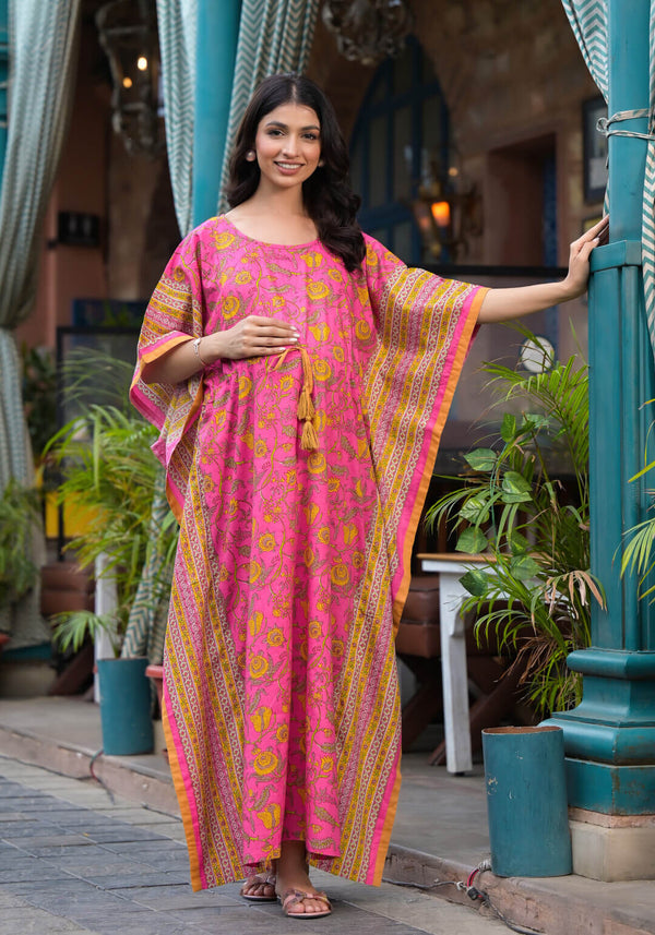 Pink Multi Floral Print Maternity & Feeding Kaftan Dress with Concealed Zipper