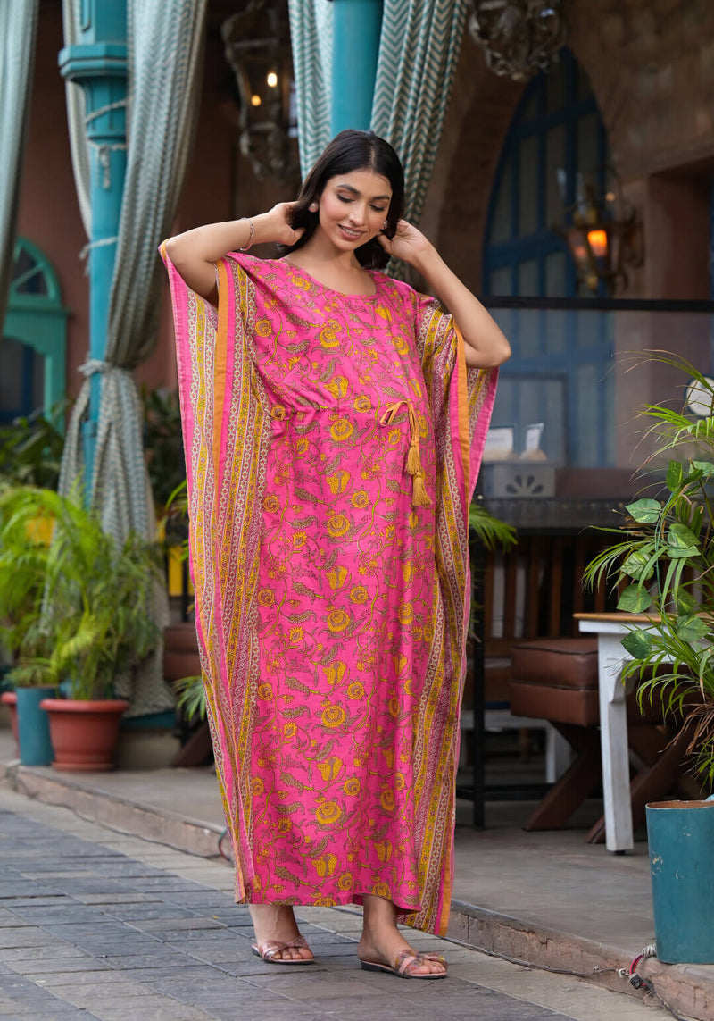 Pink Multi Floral Print Maternity & Feeding Kaftan Dress with Concealed Zipper