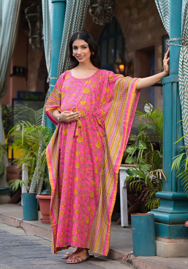 Pink Multi Floral Print Maternity & Feeding Kaftan Dress with Concealed Zipper