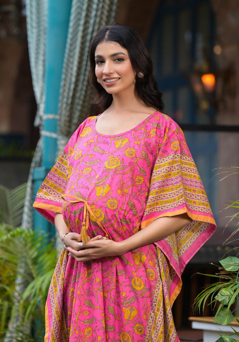 Pink Multi Floral Print Maternity & Feeding Kaftan Dress with Concealed Zipper