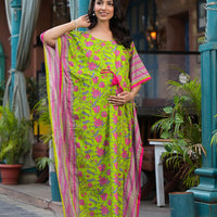 Green Multi Floral Print Maternity & Feeding Kaftan Dress with Concealed Zipper